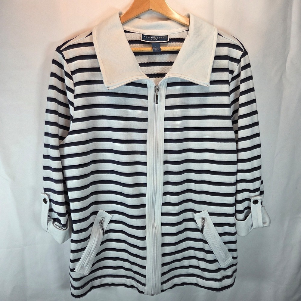 Karen Scott Sport Zippered Jacket White Navy Stripes 3/4 Sleeve sz LG Nautical